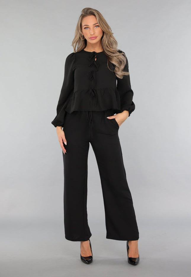 OP=OP! Zwarte Linnenlook Two Piece met Strikjes