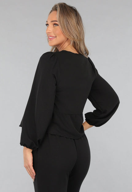 OP=OP! Zwarte Linnenlook Two Piece met Strikjes