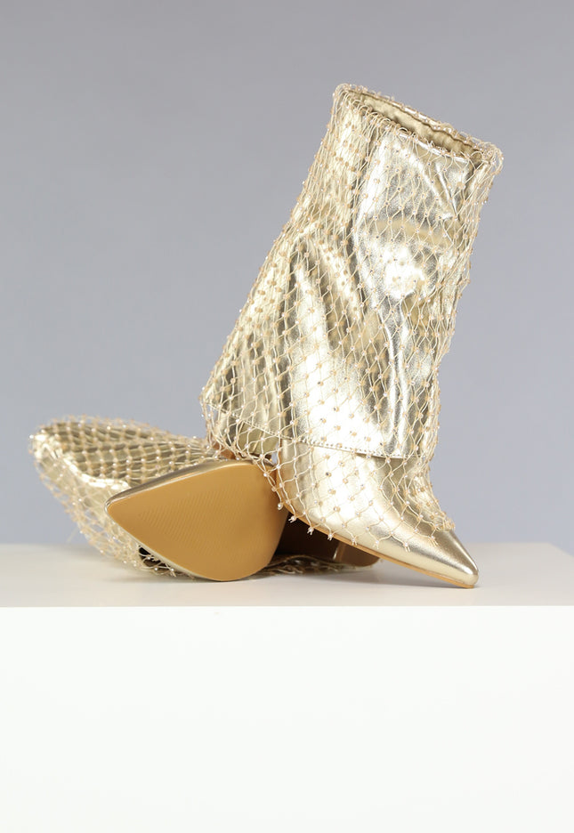 OP=OP! Gouden Overslag Boots met Fishnet Strass
