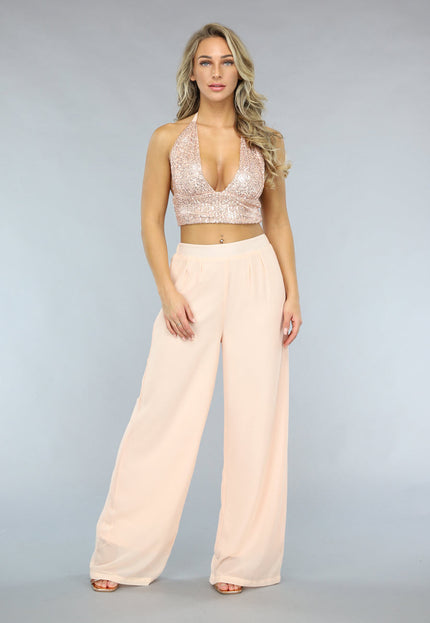 OP=OP! Champagne 2-delige Pantalon Set met Glitter Top