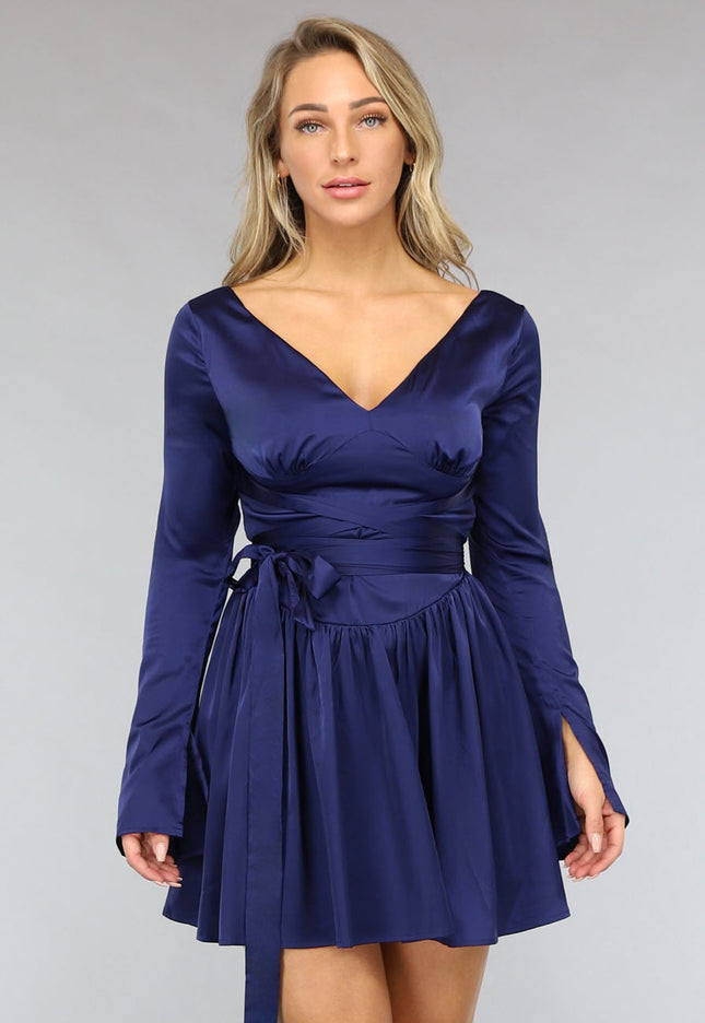OP=OP! Donkerblauwe Satin Look Skater Jurk