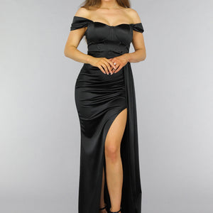 OP=OP! Zwarte Satin Off Shoulder Galajurk met Split