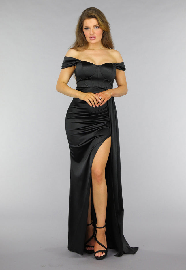 OP=OP! Zwarte Satin Off Shoulder Galajurk met Split