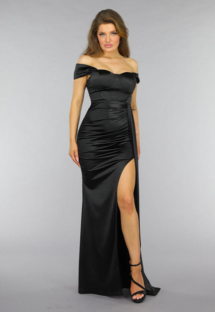 OP=OP! Zwarte Satin Off Shoulder Galajurk met Split