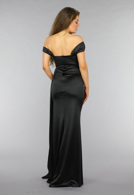 OP=OP! Zwarte Satin Off Shoulder Galajurk met Split