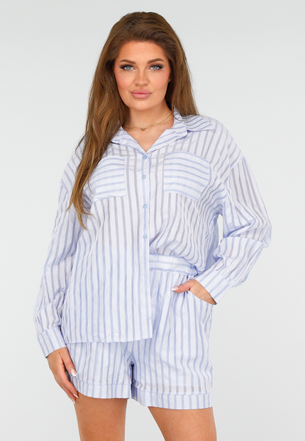 OP=OP.AV.05 Lichtblauwe Gestreepte Set met Blouse en Short