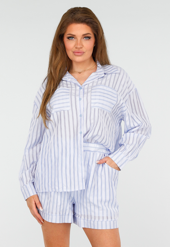 OP=OP.AV.05 Lichtblauwe Gestreepte Set met Blouse en Short