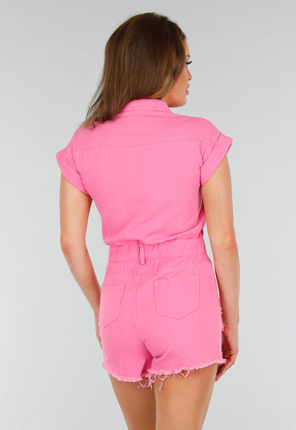 OP=OP.AV.05 Roze Stretch Denim Playsuit met Knoopsluiting