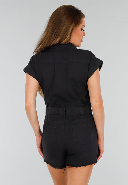 OP=OP.AV.05 Zwarte Distressed Denim Playsuit met Stretch