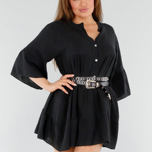 OP=OP.AV.06 Zwarte Katoenen Jurk met Knopen