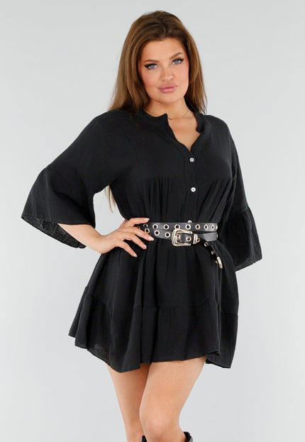 OP=OP.AV.06 Zwarte Katoenen Jurk met Knopen