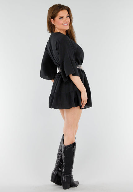 OP=OP.AV.06 Zwarte Katoenen Jurk met Knopen