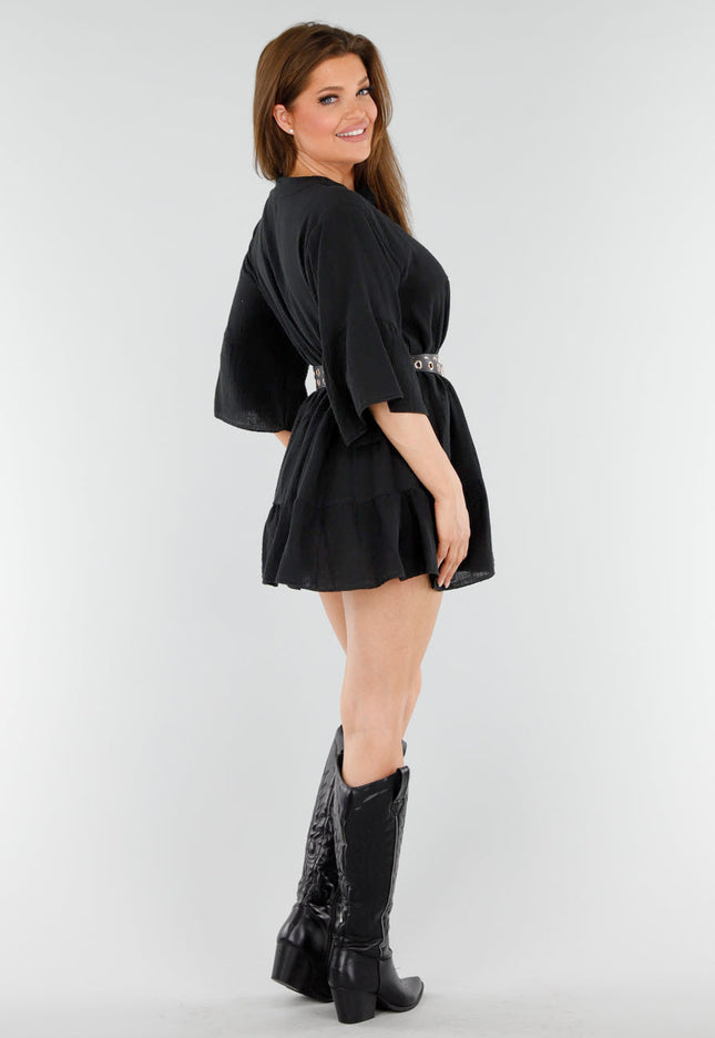 OP=OP.AV.06 Zwarte Katoenen Jurk met Knopen