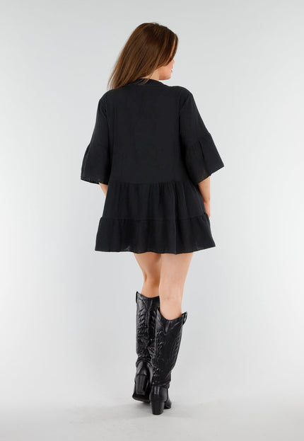 OP=OP.AV.06 Zwarte Katoenen Jurk met Knopen