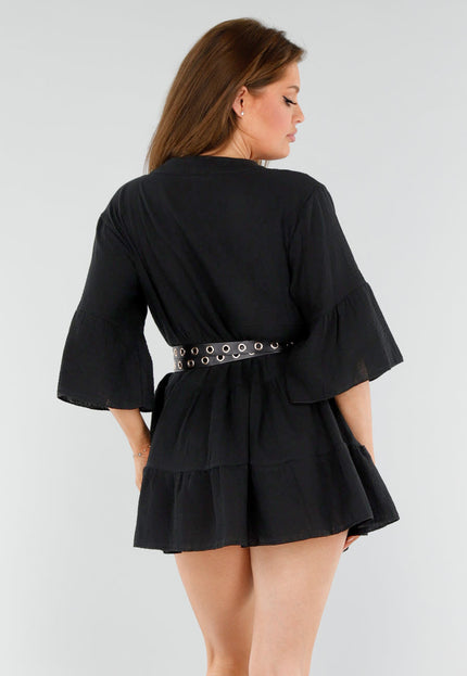 OP=OP.AV.06 Zwarte Katoenen Jurk met Knopen