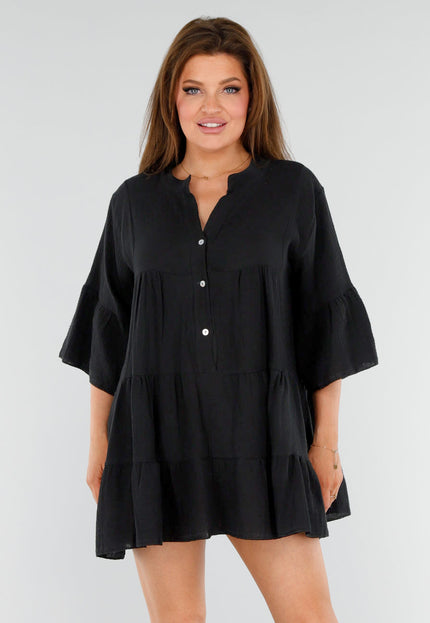 OP=OP.AV.06 Zwarte Katoenen Jurk met Knopen