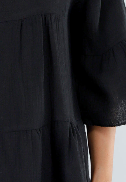 OP=OP.AV.06 Zwarte Katoenen Jurk met Knopen