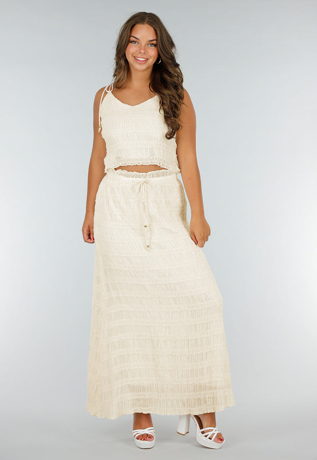 OP=OP.AV.07 Crème Tweedelige Gesmokte Stretch Set