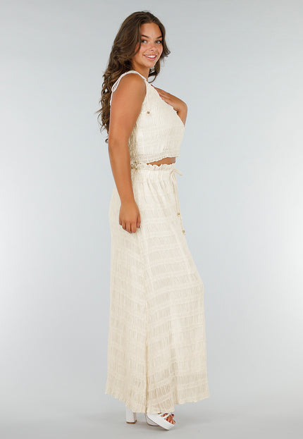 OP=OP.AV.07 Crème Tweedelige Gesmokte Stretch Set