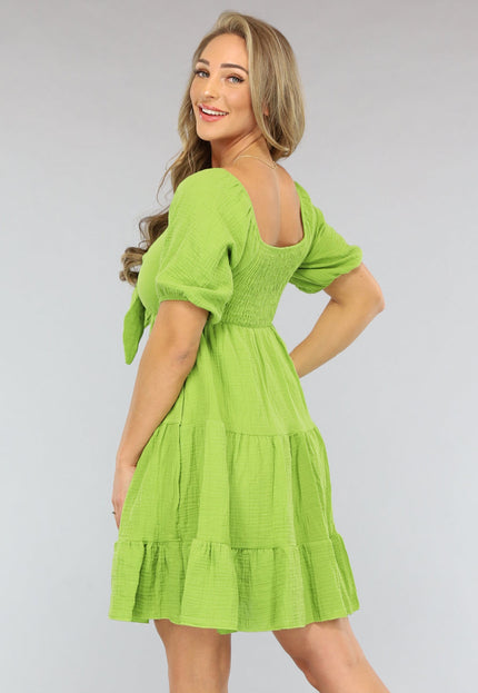 OP=OP.AV.07 Groene Mousseline Skater Jurk met Strikdetail