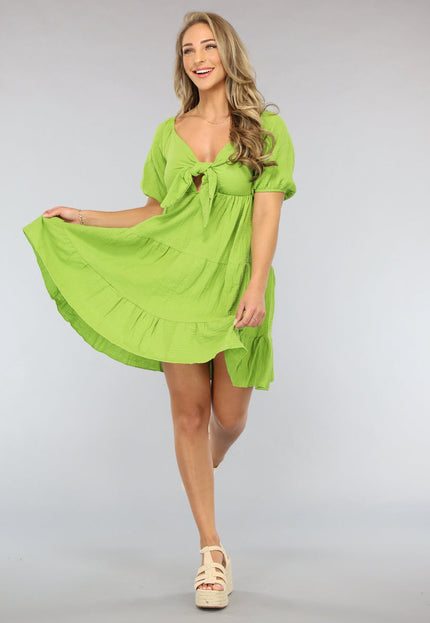 OP=OP.AV.07 Groene Mousseline Skater Jurk met Strikdetail