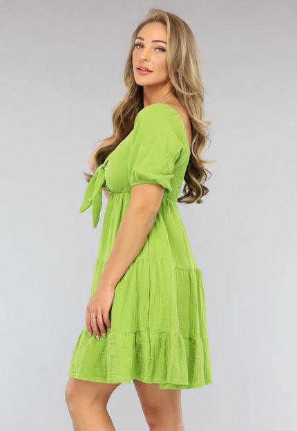 OP=OP.AV.07 Groene Mousseline Skater Jurk met Strikdetail