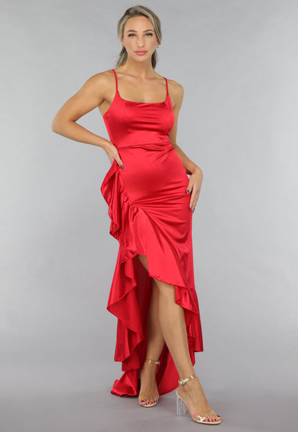 OP=OP.AV.07 Lange Satijnen Rode Ruffle Jurk
