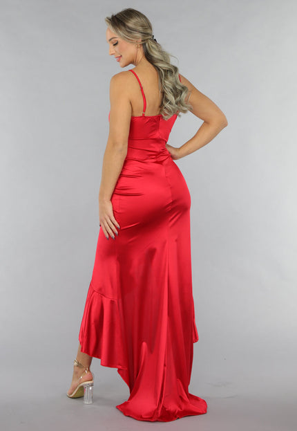 OP=OP.AV.07 Lange Satijnen Rode Ruffle Jurk