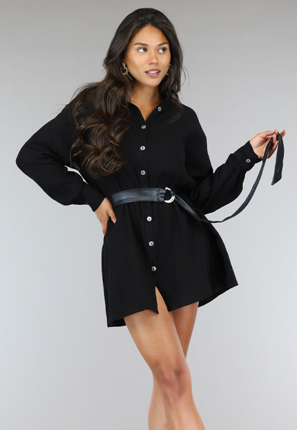 OP=OP.AV.07 Zwarte Overhemdjurk met Knoopjes