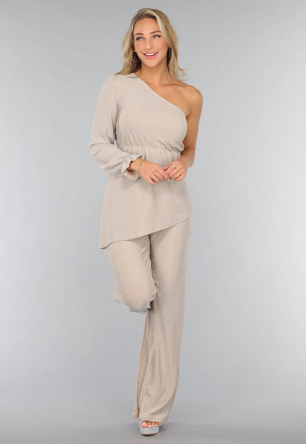OP=OP.AV.09 Beige Shimmer Top met Enkele Mouw