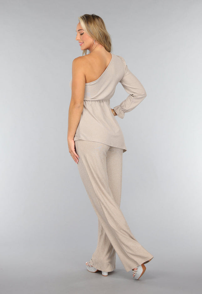 OP=OP.AV.09 Beige Shimmer Top met Enkele Mouw