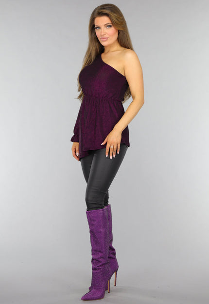 OP=OP.AV.09 Paarse Glitter Top met One Sleeve