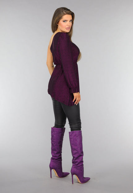 OP=OP.AV.09 Paarse Glitter Top met One Sleeve