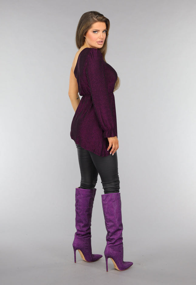 OP=OP.AV.09 Paarse Glitter Top met One Sleeve