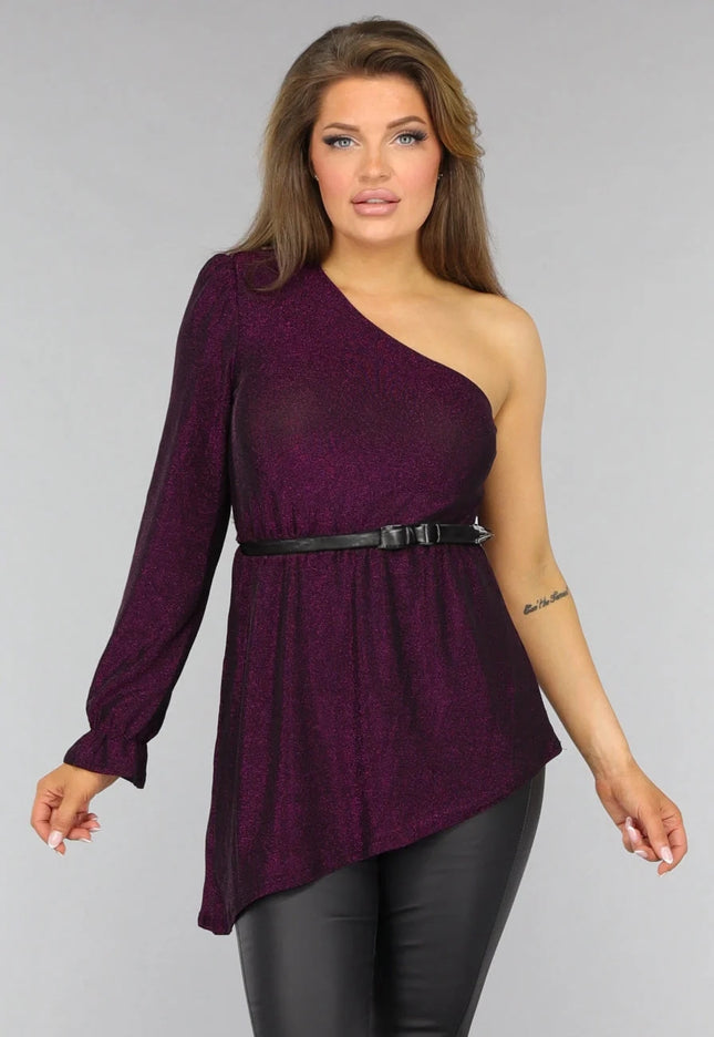 OP=OP.AV.09 Paarse Glitter Top met One Sleeve