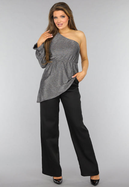 OP=OP.AV.09 Zilveren Asymmetrische One Sleeve Glitter Top