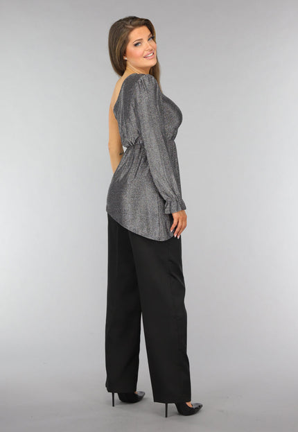 OP=OP.AV.09 Zilveren Asymmetrische One Sleeve Glitter Top