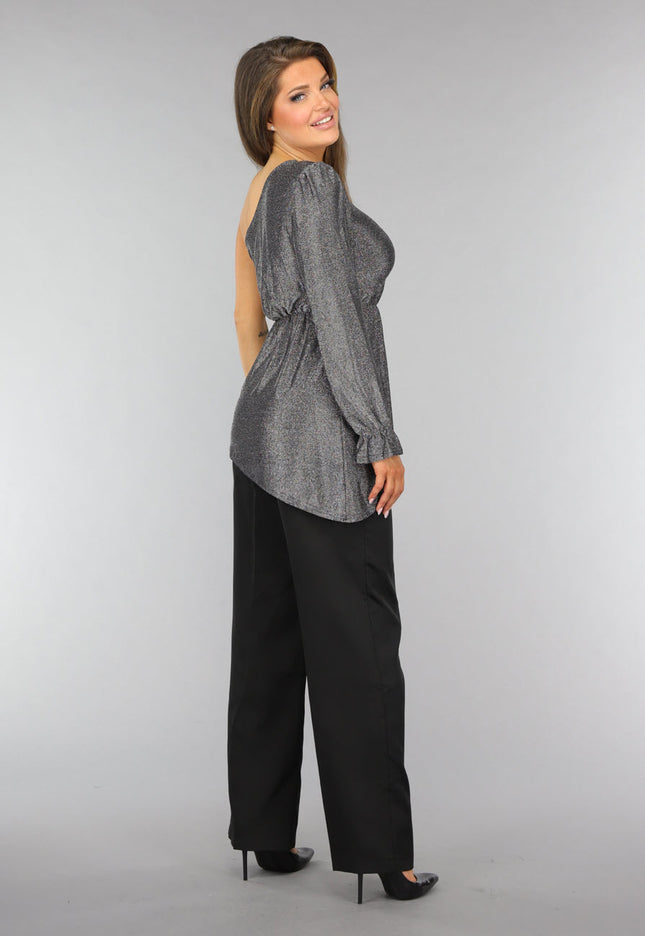 OP=OP.AV.09 Zilveren Asymmetrische One Sleeve Glitter Top