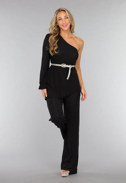 OP=OP.AV.09 Zwarte Asymmetrische Top met Ruffle Mouw
