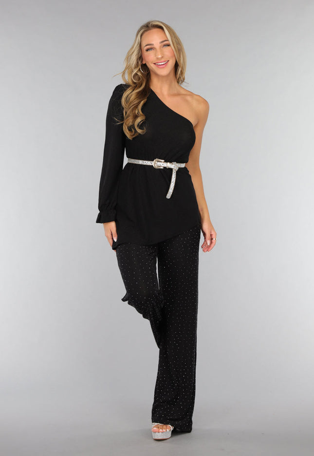 OP=OP.AV.09 Zwarte Asymmetrische Top met Ruffle Mouw