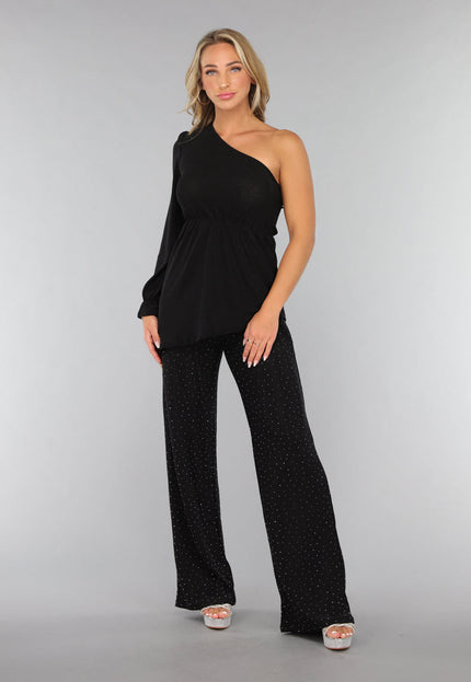 OP=OP.AV.09 Zwarte Asymmetrische Top met Ruffle Mouw
