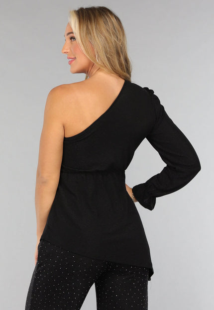 OP=OP.AV.09 Zwarte Asymmetrische Top met Ruffle Mouw