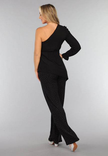 OP=OP.AV.09 Zwarte Asymmetrische Top met Ruffle Mouw