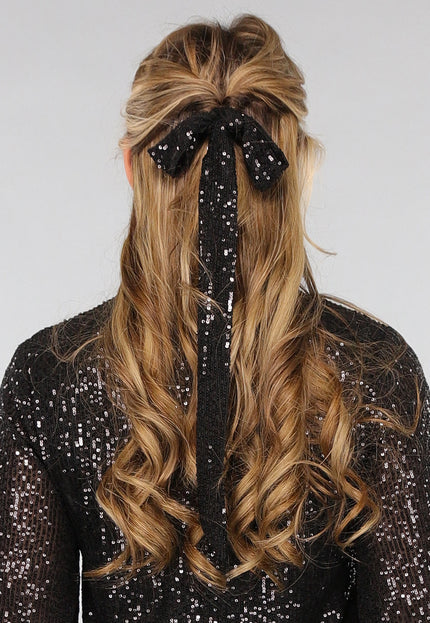 OP=OP.43.S Petite Zwarte Pailletten Jurk met Wijde Mouwen