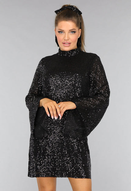 OP=OP.43.S Petite Zwarte Pailletten Jurk met Wijde Mouwen