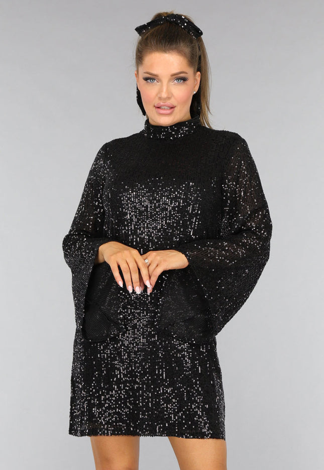 OP=OP.43.S Petite Zwarte Pailletten Jurk met Wijde Mouwen