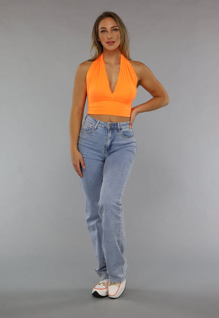 ORANJE-F Neon Oranje Halter Top met Strikdetail
