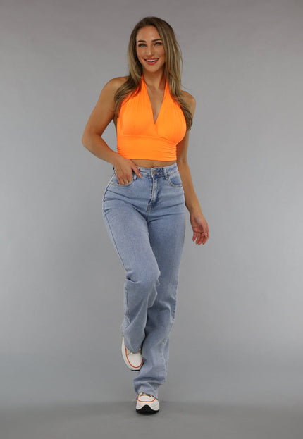 ORANJE-F Neon Oranje Halter Top met Strikdetail