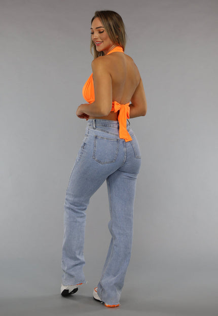 ORANJE-F Neon Oranje Halter Top met Strikdetail