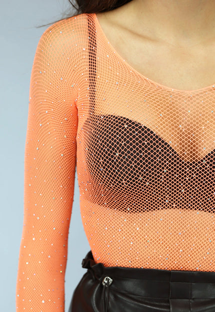 OP=OP.47.R Neon Oranje Off Schoulder Fishnet Bodysuit